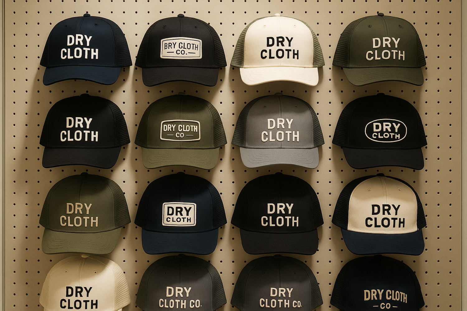 a wall of trucker dad hats that say dry cloth