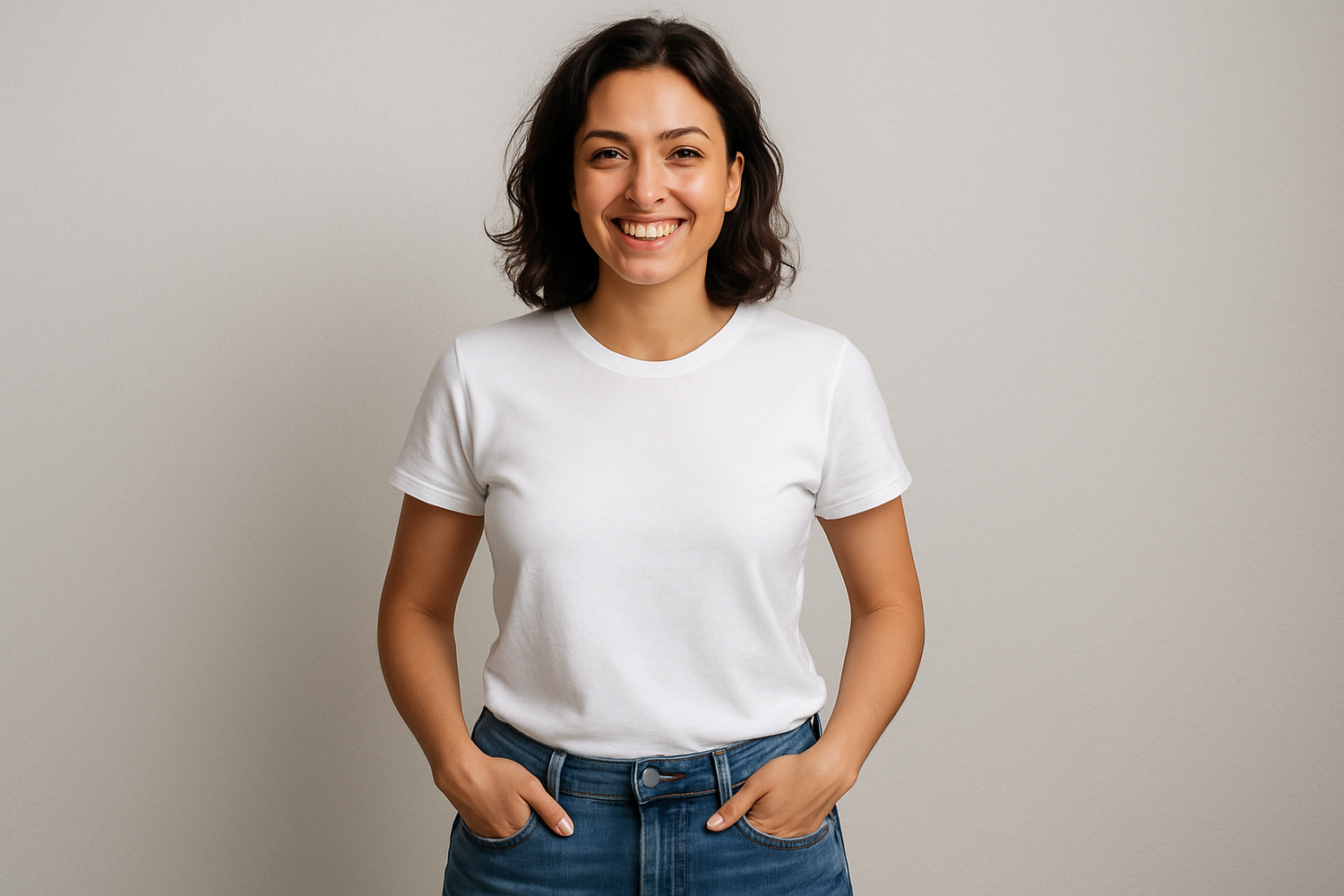 a woman wearing a t shirt and jeans
