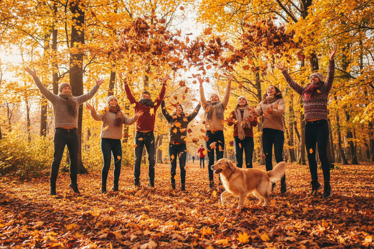 people playing in fall leaves